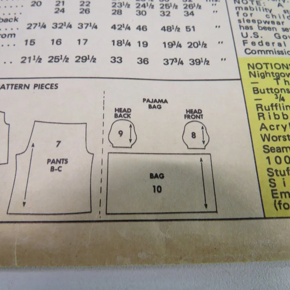McCall's 3798 kids nightgown, pajama bag/doll, top, shorts, pants sewing pattern